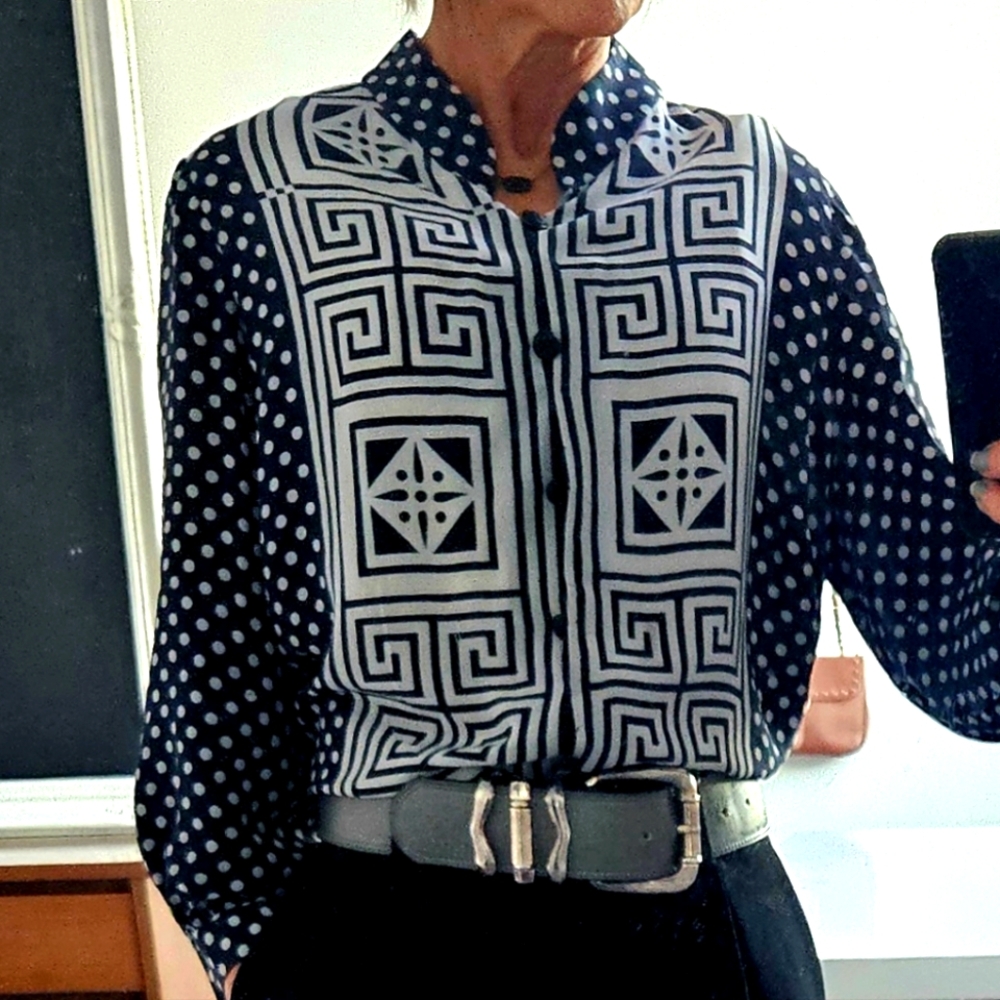 Rocco Barocco Mixed Graphic Print And Polka Dot Silk Button Down Blouse